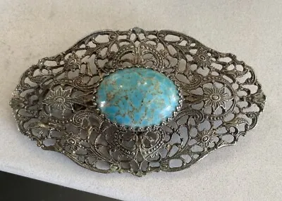 Vintage Filigree Turquoise Pin Brooch 3” By 2” • $39.99