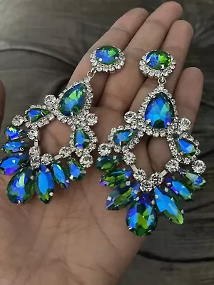 Big Large Green Blue Long Ab Dangle Rhinestone Crystal Pageant Earrings  3.6” • $17