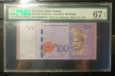 Malaysia Banknote Rm100 Pmg67epq Low Number Bq0000095 Zeti Gabenor • $118