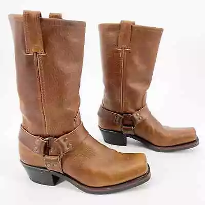 Frye Gold Brown Leather Harness 12R Tall Square Toe Biker Boot Women's Size 8.5 • £230.64