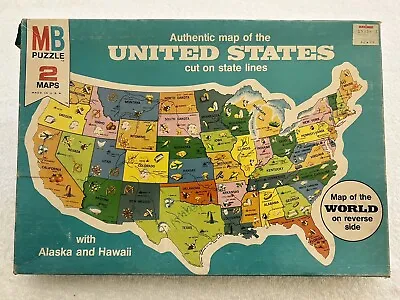 Vintage 1975 Double Sided United States And World Map Puzzle MB 4806 COMPLETE • $19