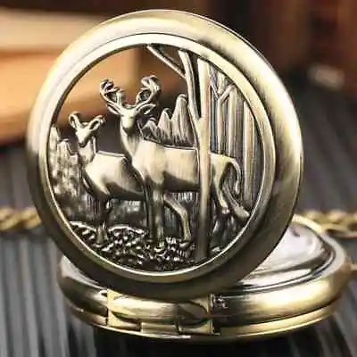 Vintage Deer Quartz Pocket Watch Retro Unisex Hollow Sweater Clothing Trendy New • $25.98