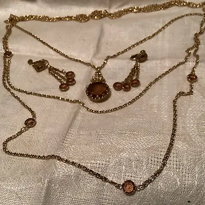 Vintage Goldette Signed 3 Strand Intaglio Cameo Necklace/matching Earrings • $59.99