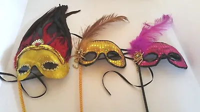 Mardi Gras Mask On A Stick Glitter Sequins Feathers Halloween • $6.48