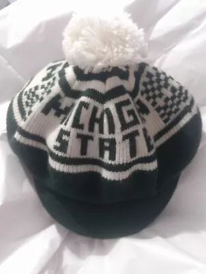Vtg Michigan State Spartans Green White Pom Knit Beanie Beret Winter Hat Cap MSU • $38