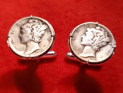 $31.95 • Buy Vintage 1942 WWII Era Mercury Dime .900 Pure Silver Coin Cufflinks + Gift Box!