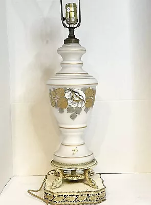 Venetian Lamp White Milk Glass Enameled Gold Gild Floral Pedastal ￼ MCM Vintage • $79.79
