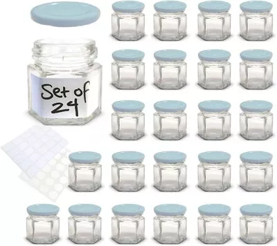 24 Pcs 1.5 Oz Mini Hexagon Glass Jars With Light Blue Lids • $28.89