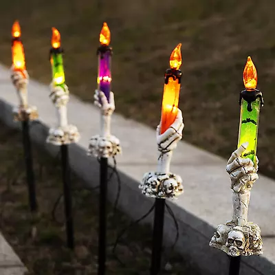 Halloween Candle Light Stakes 5 Pack Skeleton Hands Hold Lighted Candle Pathway • $33.74