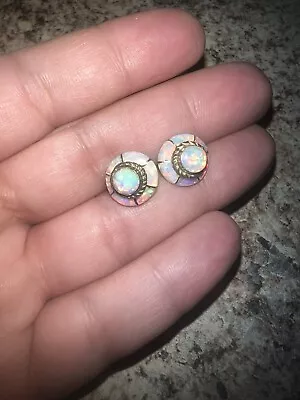 Sterling Silver Vintage Zuni Fire Opal Inlay Earrings • $99.99