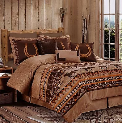 Microsuede Brown Western Horses Diamond Ranch 7 Pcs Cal King Queen Comforter Set • $79.99