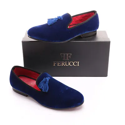 FERUCCI Men Blue Velvet Slippers Loafers With Blue Tassel Prom Wedding Shoes  • $104.99