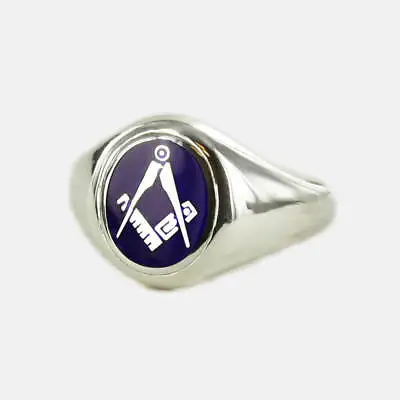 Silver Oval Head With Blue Enamel Square And Compass Masonic Ring- Fixed Head • £187.20