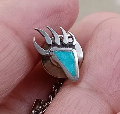 Vintage Sterling Silver Tie Tack With Bear  Claw Inlay Turquoise Pin 0.9gr 15 Mm • $25