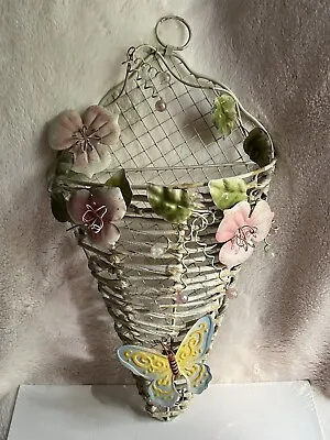 VTG Metal Wire Door Hanging Basket Cornucopia Wreath Pink Flower Butterfly Beads • $65