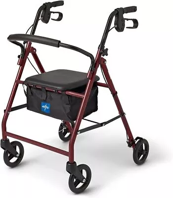 Medline Steel Foldable Adult Rollator Mobility Walker With 6” Wheels Burgundy • $71.38