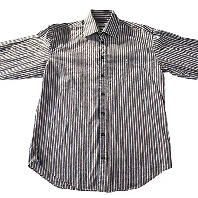 Yves Saint Laurent YSL Blue & Brown Striped Shirt Double Cuff Size Medium • £11.87