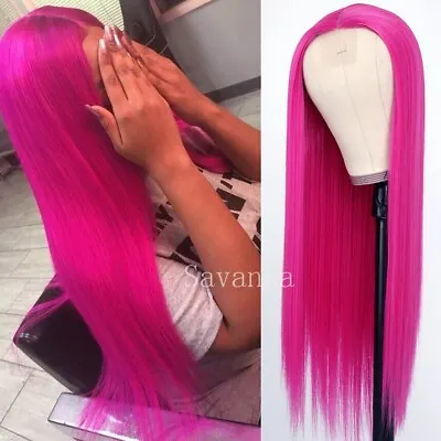 Rose Red Straight Hair Heat Resistant Synthetic Lace Front Wigs Women Party Wig • $23.90
