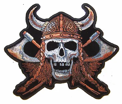 6 INCH VIKING W Hat SKULL AXE MOTORCYCLE PATCH JBP55 Jacket BACK Patches Iron On • $18.68