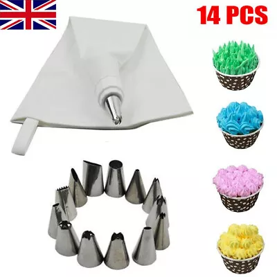 CAKE PIPING ICING CUPCAKE DECORATING COTTON BAG NOZZLE SET SUGARCRAFT CUP 14Pcs • £3.27