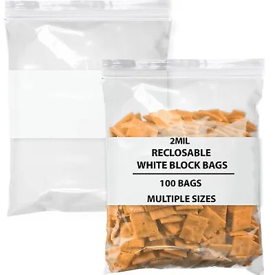 100 Bags - 2 Mil Reclosable Poly Bags White Block Plastic Zip Bag Mini Baggies • $12.99