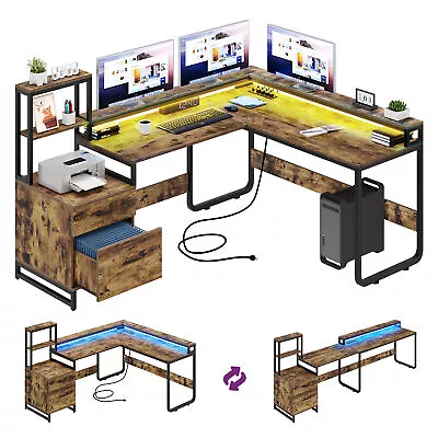 LED L Shaped Desk With Power Outlet 87  Reversible Computer Desk With Drawers • $179.99