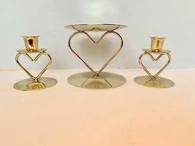 Unity Ceremony Candle Holder Set Brass Gold Colored Metal Hearts 3 Pc • £5.79