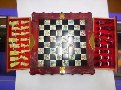 Vintage Folding Oriental Carved Wooden Chess Board Set Soapstone Pieces Rare! • $44.99