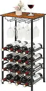  Wine Rack Freestanding Floor Wine Rack Table With Glass Holder 16 Bottle Brown • $54.67