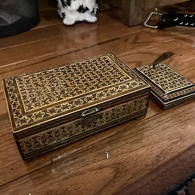 Vintage Persian Khatam Wood Desk Trinket Box W/ Pen Holder Marquetry Mosaic • $19.99