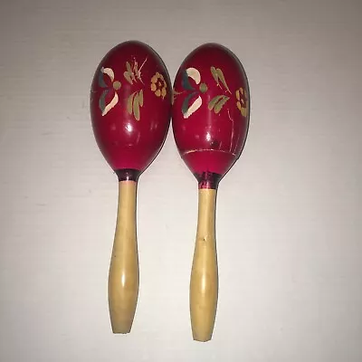 Wooden Painted Red Maracas Hand Carved Flowers Shakers Percussion 10” Lot Of 2 • $19.99