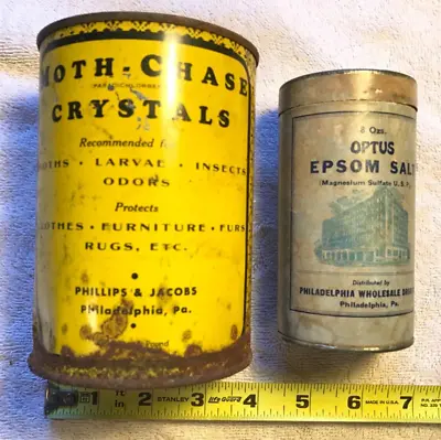 2 Vintage OPTUS Epsom Salt Container & Metal MOTH - CHASE Tin - Empty With Lids • $14.96