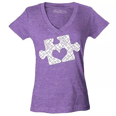 Heart Puzzle Piece Women's V-Neck T-shirt Autism Awareness Advocate Accept Tee • $25.62