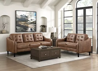 2 Pc Tufted Brown Polished Microfiber Sofa Loveseat Living Room Furniture Set • $899