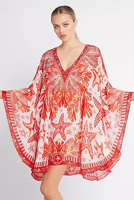 New Czarina Silk Viscose Crystals Red Christmas Kaftan Dress Top One Sz • $199.99