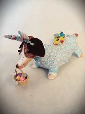 Dachshund Chocolate Piebald Felt Sculpture Easter Bunny W/ Basket & Baby Chicks • $39