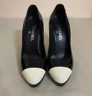 CHANEL Patent Leather Black White Toe Cap Pumps Size 38.5 Stiletto Heels 7.5 • $249.96