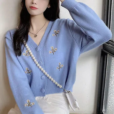 Cardigan Sweater Korean Style Anti-freeze Fall Winter Women Embroidery Floral • $29.26