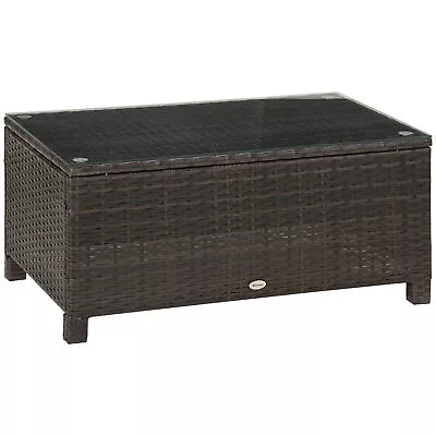 Outsunny Garden Rattan Side TableWicker Coffee Desk Glass Top Mixed Brown • £58.99