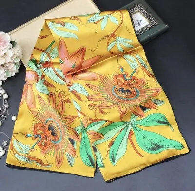 41”Square 100% Mulberry Silk Scarf Shawl White Green Yellow Red Flower Floral • £33.56