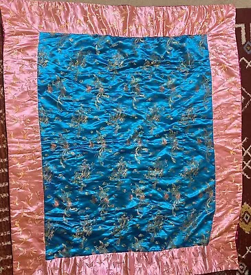 Oriental Design Satin Crib Quilt Blanket Pink Blue Reversible Magenta Green Gold • $22