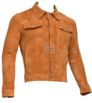 Mens Brown Suede Leather Button Collared Jacket Slim Fit Biker Motorcycle Jacket • $109.99