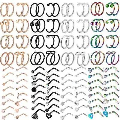 32PCS 20G Nose Hoop Rings Surgical Steel L Shaped Pin Studs Piercing Jewelry Set • $5.99