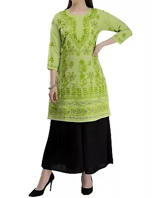 Indian Green Women Cotton KurtiChikankari Knee Length Kurta Dress For Women Top • $29.29