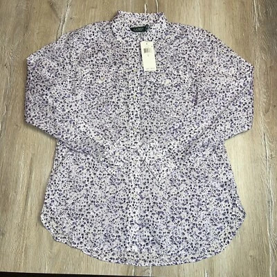 £53.72 • Buy RALPH LAUREN Women's Petite Floral-Print Cotton Voile Shirt WHITE Purple Size L