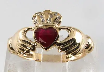 9K GOLD CLADDAGH RUBY 5mm X 5mm & DIAMOND HEART VINTAGE INS RING FREE RESIZE • $544