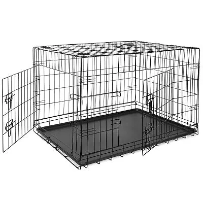 Folding Metal 36  Dog Crate Kennel Pet Cage 2 Door With Tray Pan Safe Indoor • $35.59