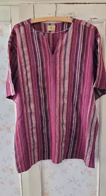 Reha Red Stripe V Neck Short Sleeved Indian Cotton Linen Shirt Size Xl • £9.99
