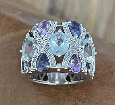 Elegant 925 EA “East Arts Jewelry Mfy Ltd” Multi Gemstone Wide Band Ring Size 8 • £82.71