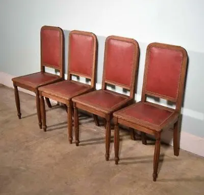 Set Of Four Vintage French Solid Oak And Vinyl Dining Chairs • $995